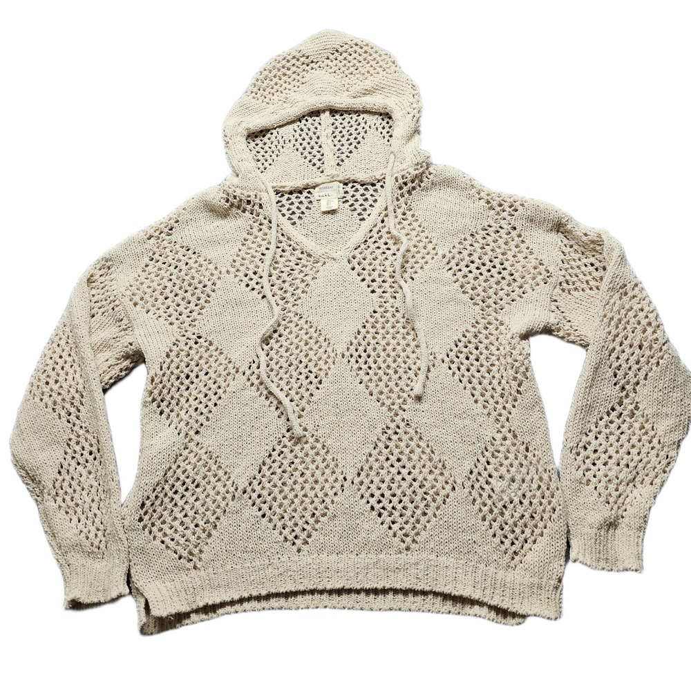 Artelier Nicole Miller Hooded Sweater Womens Large Cream Crochet Knit Pullover